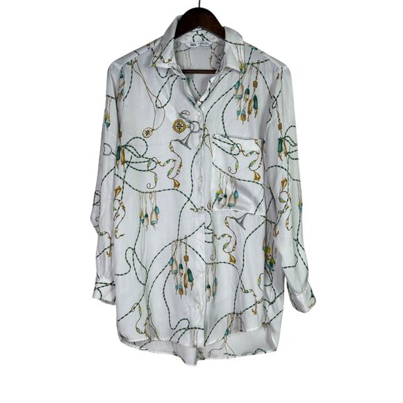 ZARA 90s Vintage Style Nautical Chain Print Silk Feel Blouse Button Up M White - Picture 10 of 14